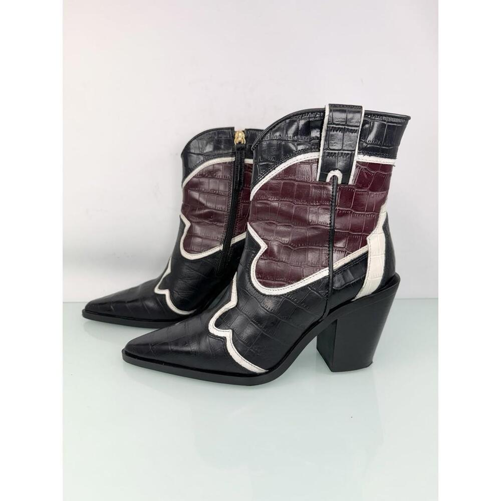 Zara Croc Embossed Western Ankle Boots Black Re‎ Leather Pointed Toe EU 36 US 6
